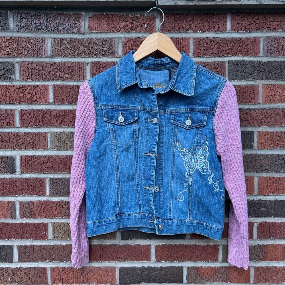 Arizona Jeans Denim and Butterfly Rhinestone Pink and Blue Sweater Sleeve Jacket - Picture 1 of 4